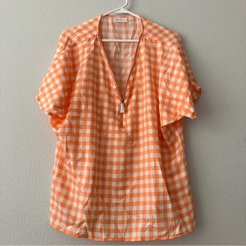Belle by Kim Gravel Gingham Signature Zip Woven Blouse - Coral (sz L) A396221